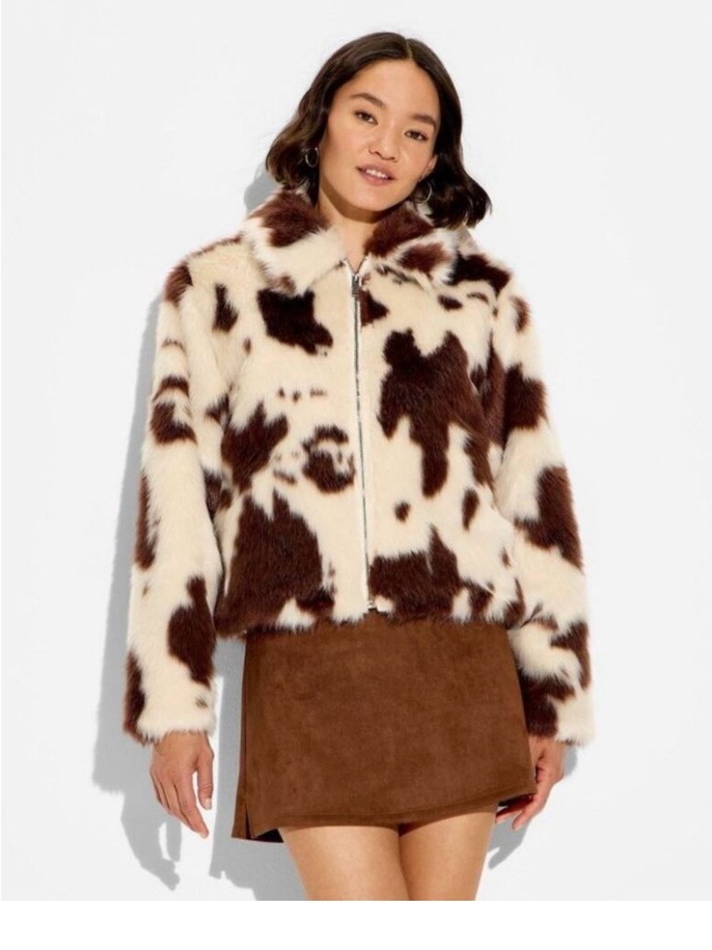 Cream & Brown Cow-Print Faux Fur Zip Jacket